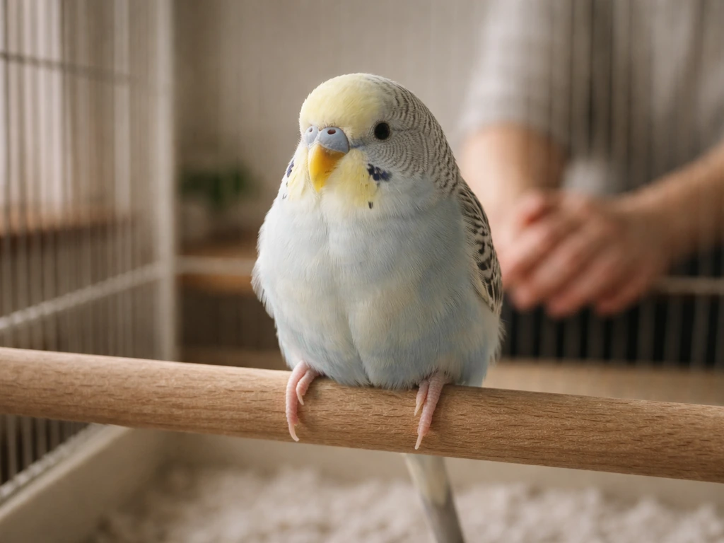 Calm pet bird perched on a wooden dowel with a person’s still hand nearby, showing gentle trust.