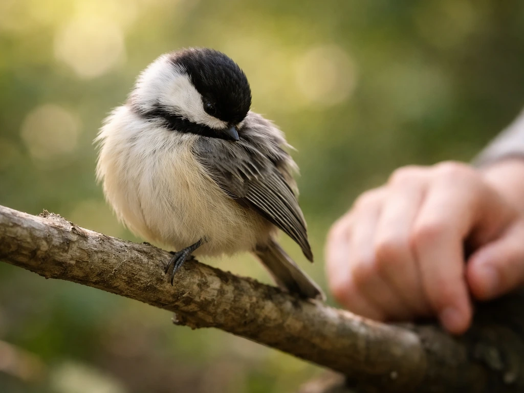 A small bird perched calmly with slightly puffed feathers and one foot tucked while preening