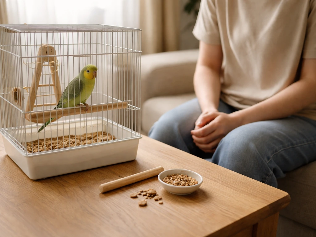 Person seated near a pet bird cage, calmly offering a small treat while staying still