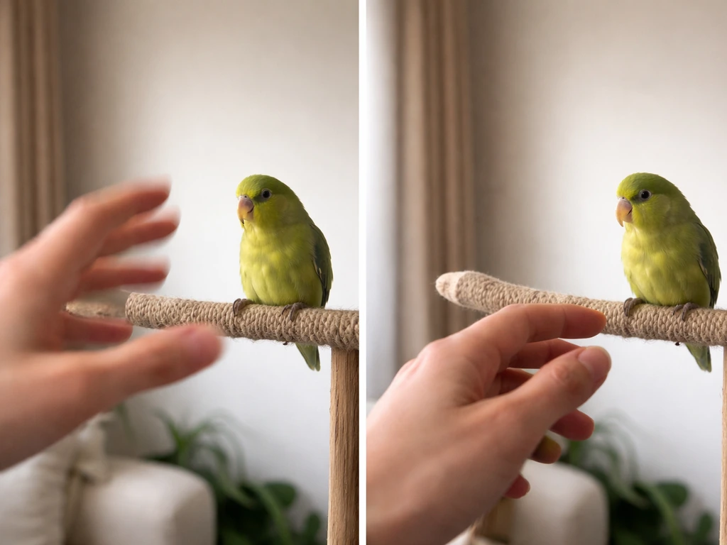 Split-moment photo: quick reach makes a small bird pull away; slower approach keeps it calm on a perch.