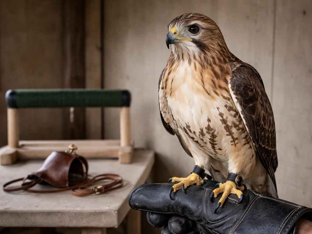 Calm raptor perched on a falconer’s glove with safe handling gear and a clean perch nearby.