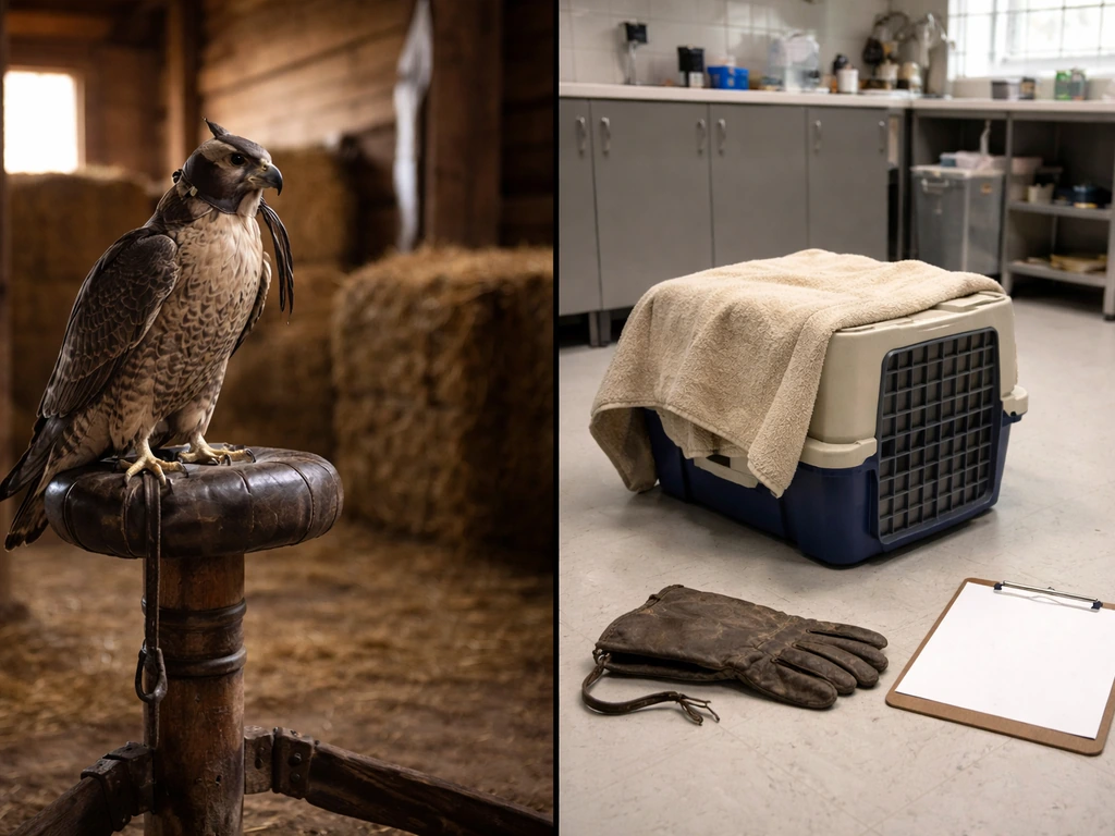 Minimal split scene: raptor falconry perch with glove and a separate wildlife rehab intake crate, no documents.