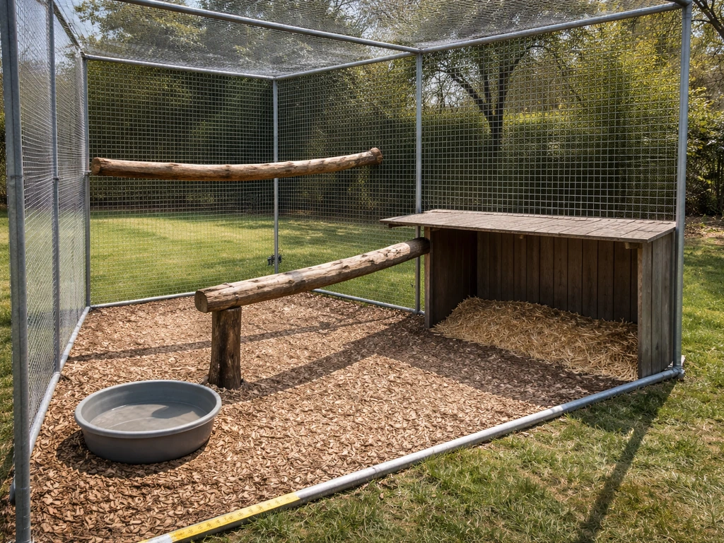 Outdoor raptor aviary with natural perches, measured layout feel, and open sky light