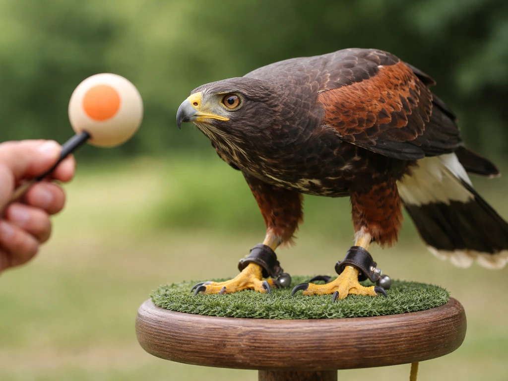 A raptor reaches toward a small training target while perched on a simple wooden stand outdoors.