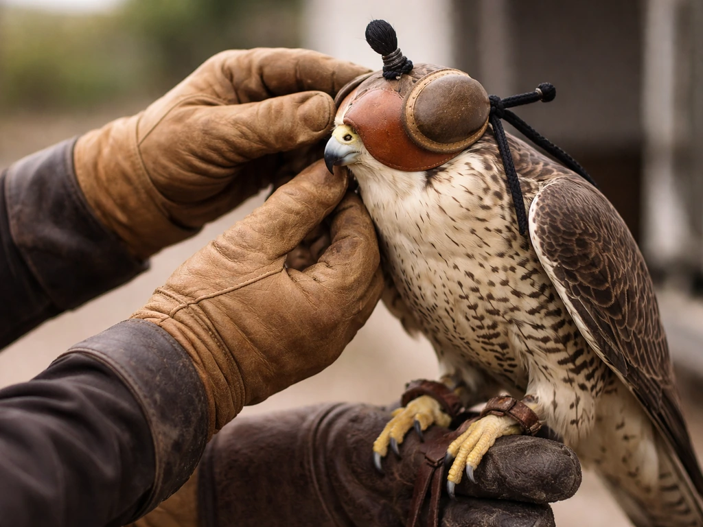 Gloved falconry handler fitting a jess hood on a calm raptor during transport, side view