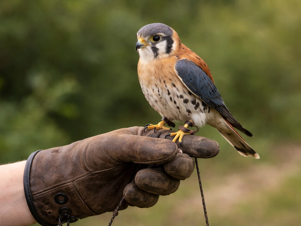 Bird perched on a glove with a visible training lure line for a short-distance recall setup