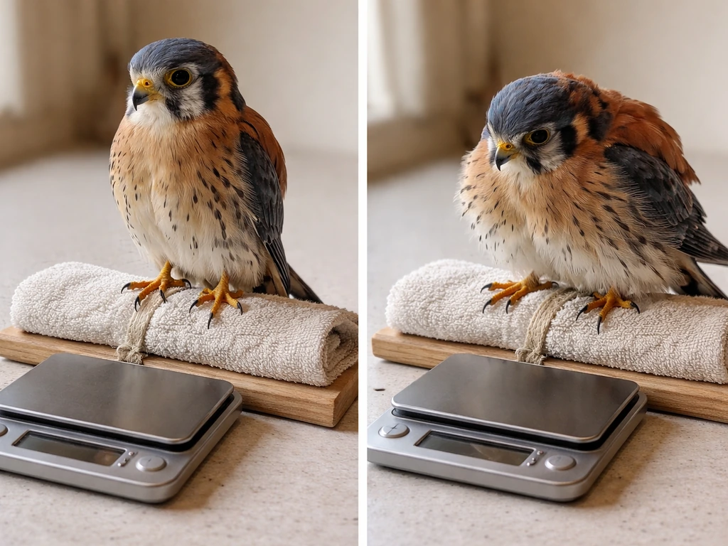 Close-up of an out-of-focus scale and an alert vs fluffed raptor posture on a gloved perch