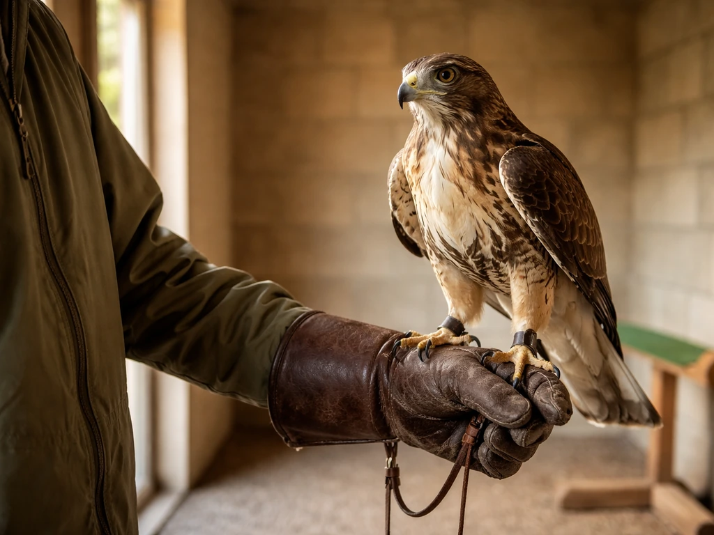 Calm hawk perched on a handler’s gloved fist inside a quiet, secure falconry mews.