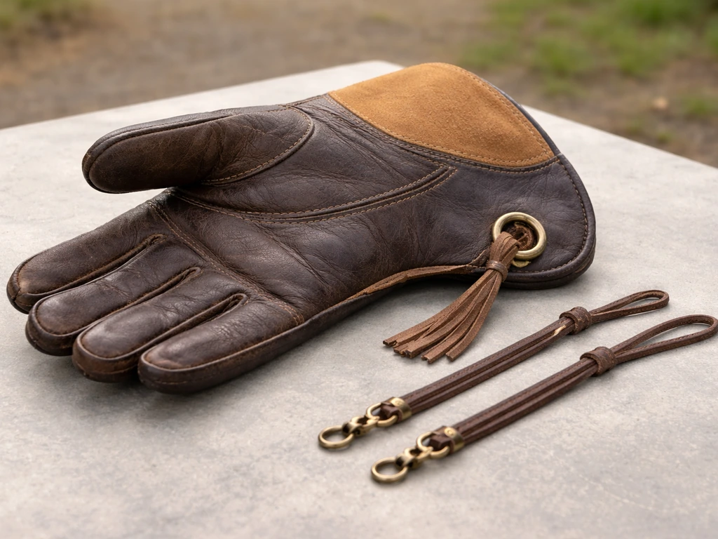 Thick leather falconry glove with jesses neatly laid out on a clean outdoor surface.