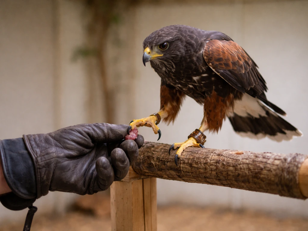 A raptor mid-step from a perch onto a handler’s gloved hand in a quiet training space.