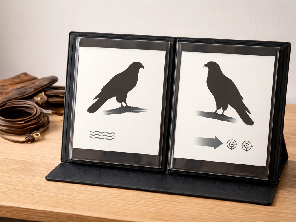 Laminated cards in a folder show two raptor silhouettes with simple icon cues on a wooden falconry table.