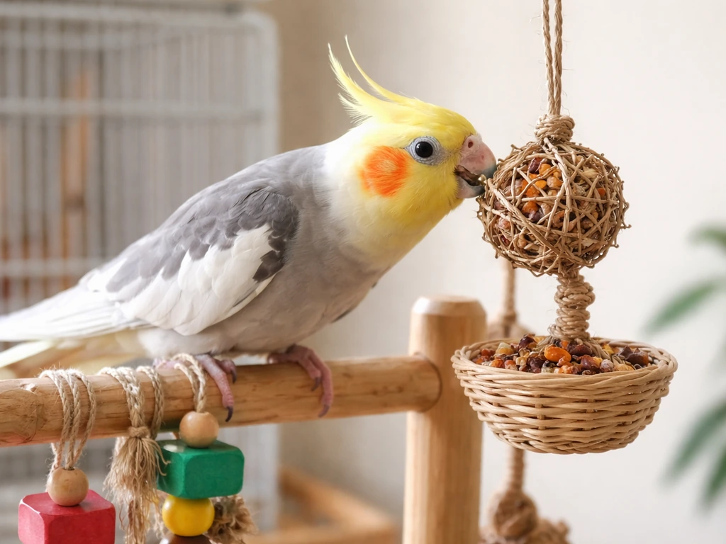 Cockatiel on a bird play stand near its cage, engaging with safe foraging toys in bright natural light.