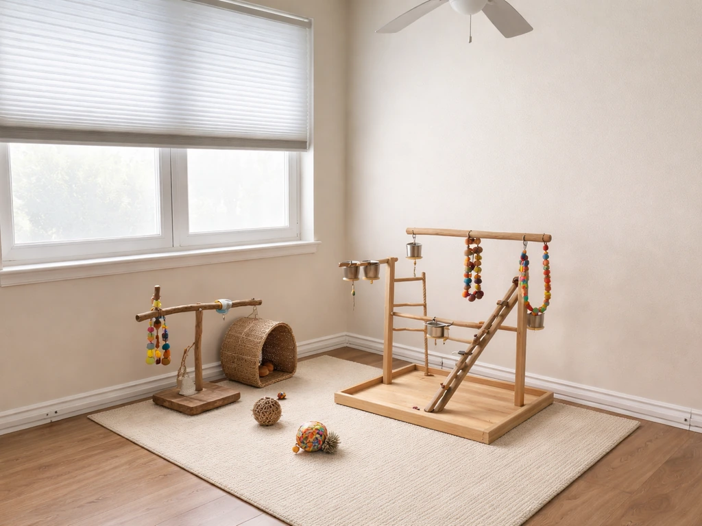 Clean, safe room with an open play area for a small bird—fans off, windows closed, cords covered