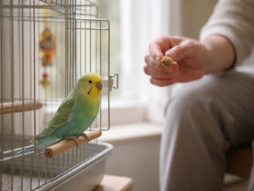 Shy bird perched near its cage as the owner sits nearby offering a calm presence and treat
