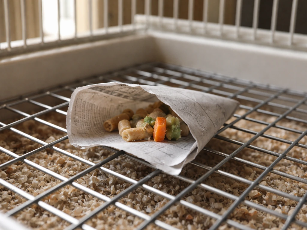 Newsprint-wrapped bird pellets on the floor of a small cage in natural daylight.