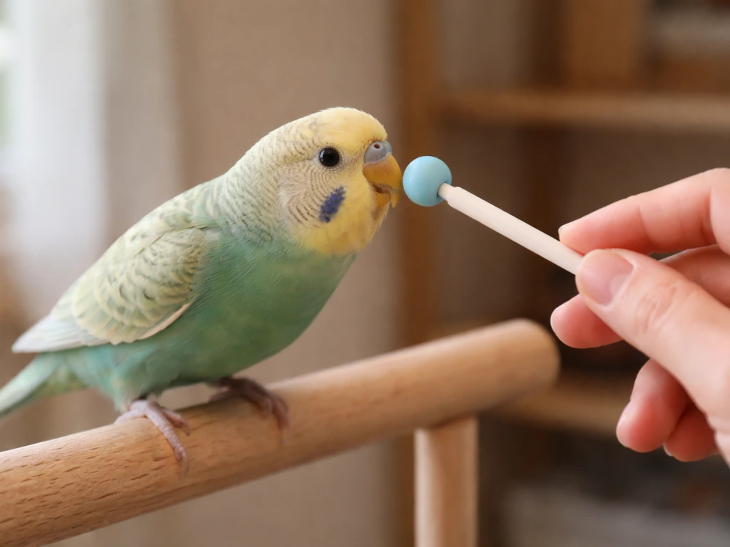 Close-up of a parrot about to touch a handheld target stick tip with its beak during training.