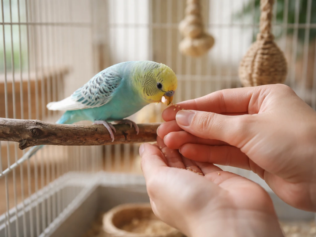 Caregiver gently offering food to a small pet bird in a calm, well-lit home setting