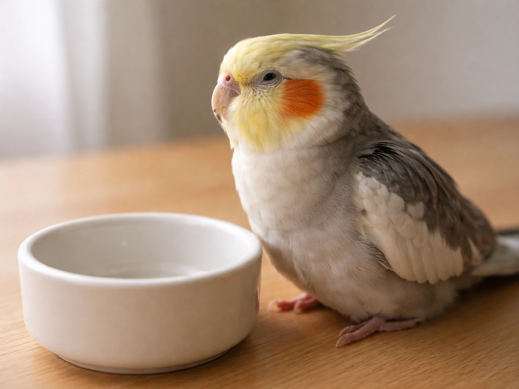 Close-up of a pet bird perched beside an empty bowl, turning away as if refusing food.