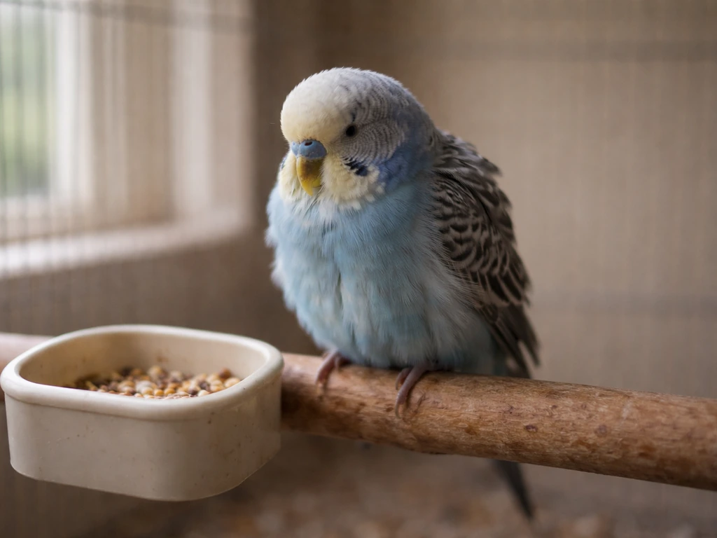 Small pet bird with fluffed feathers and hunched posture near its perch and food station