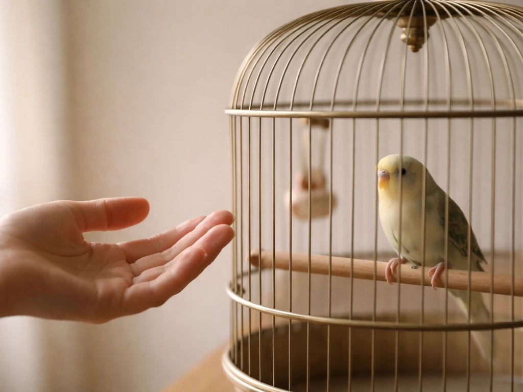 Calm open hand held near a small birdcage while a bird watches from a perch, no contact yet.