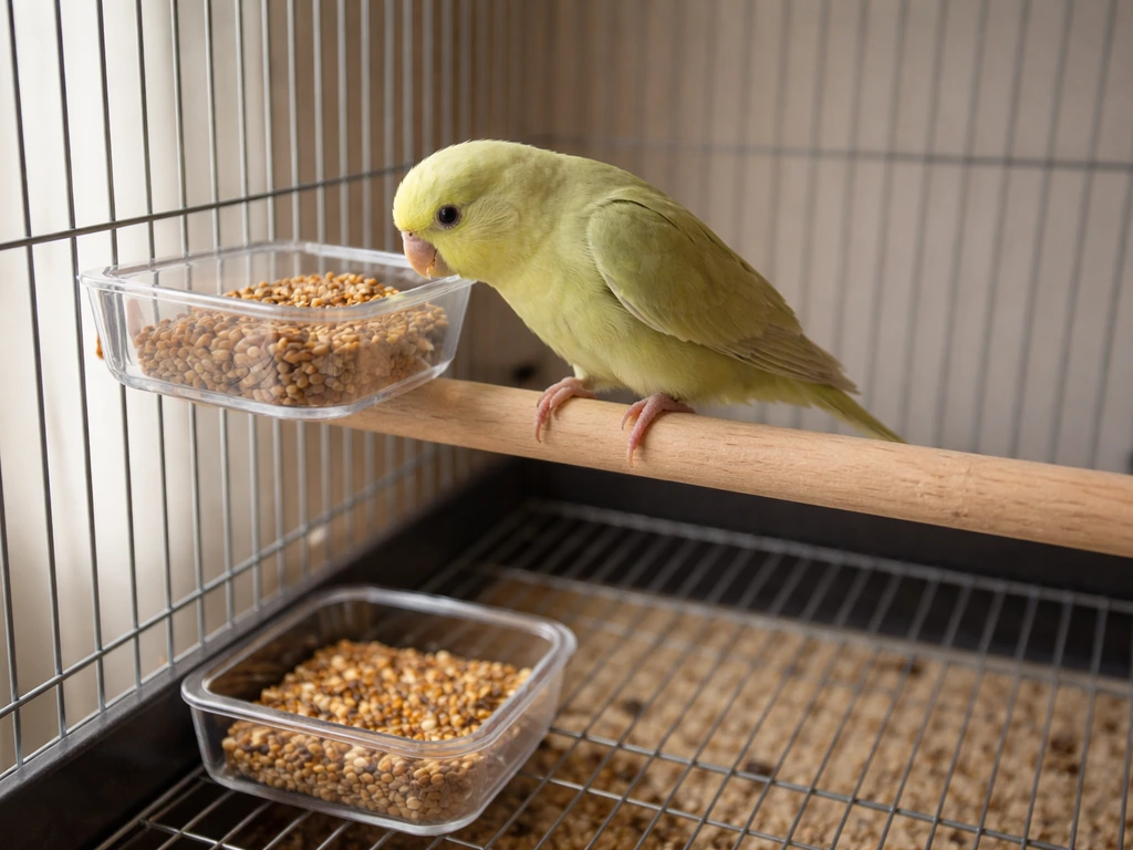 A small bird perched by an elevated food dish, with a lower dish in the cage for comparison.