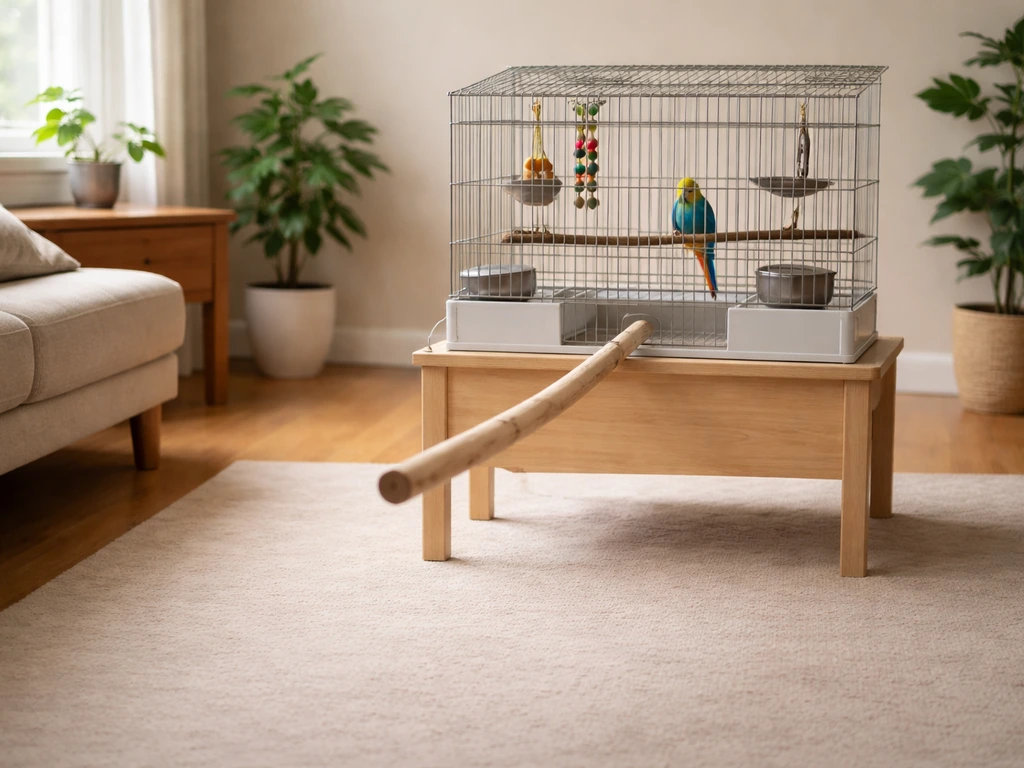 A bird cage at eye level in a quiet room with a clear perch and uncluttered approach route for training.