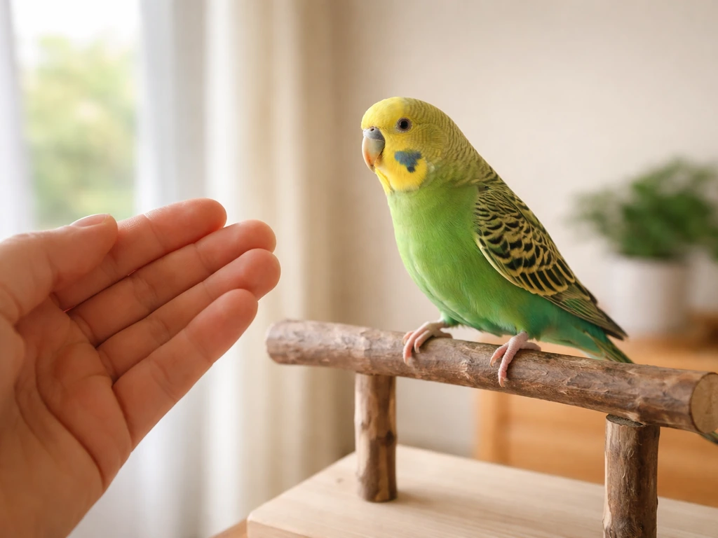 Green parakeet perched on a training perch while a trainer’s hand offers a gentle step-up