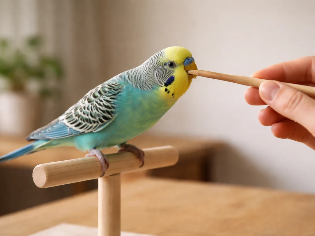 Calm parakeet touches a target stick held at eye level by a trainer’s hand