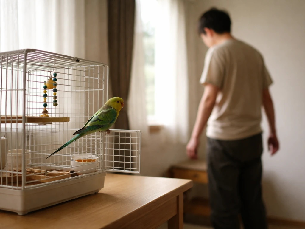 Trainer pauses and turns away while a parakeet stays calm on a nearby perch/cage after biting.