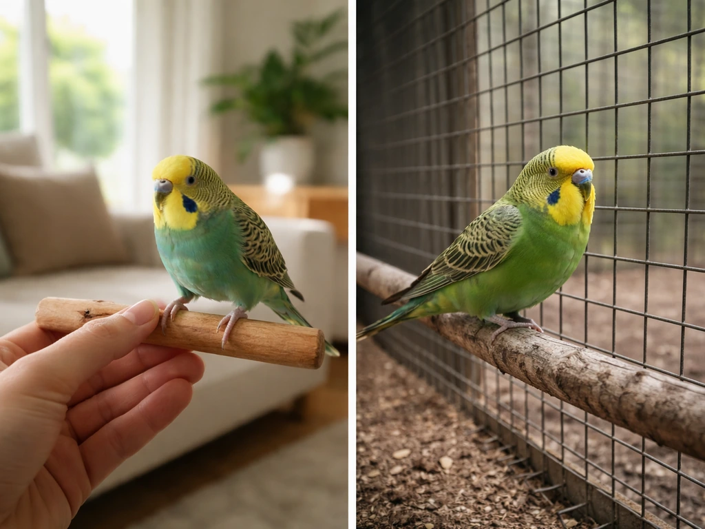 Warm indoor scene with a calm pet parakeet beside a second wary parakeet in a rehab-like outdoor cage.