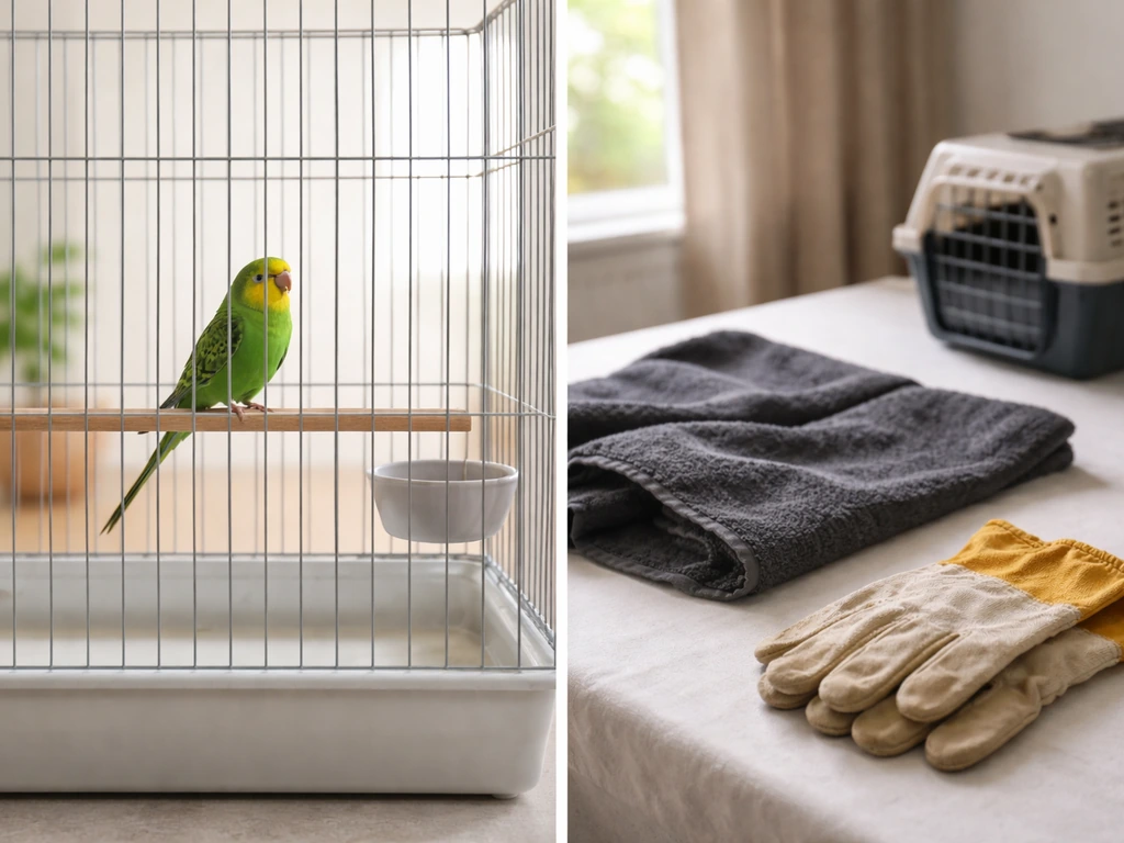 Minimal split-scene: pet bird in a clean cage and a wild bird rescue setup with gloves and a towel