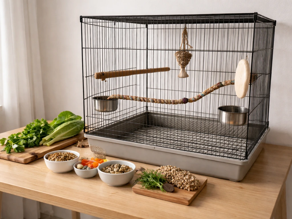 Clean bird cage with perches and bowls, plus fresh bird-safe food items on a simple tabletop.