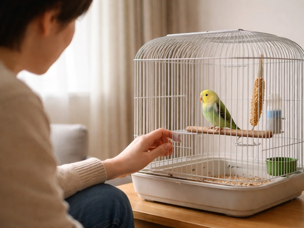 Person seated beside a bird cage, softly talking to a pet bird in a calm, familiar room
