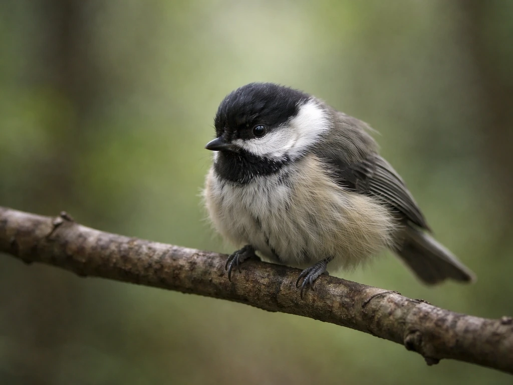 Small bird perched with fluffed feathers and low posture, alert and stressed in a quiet forest.