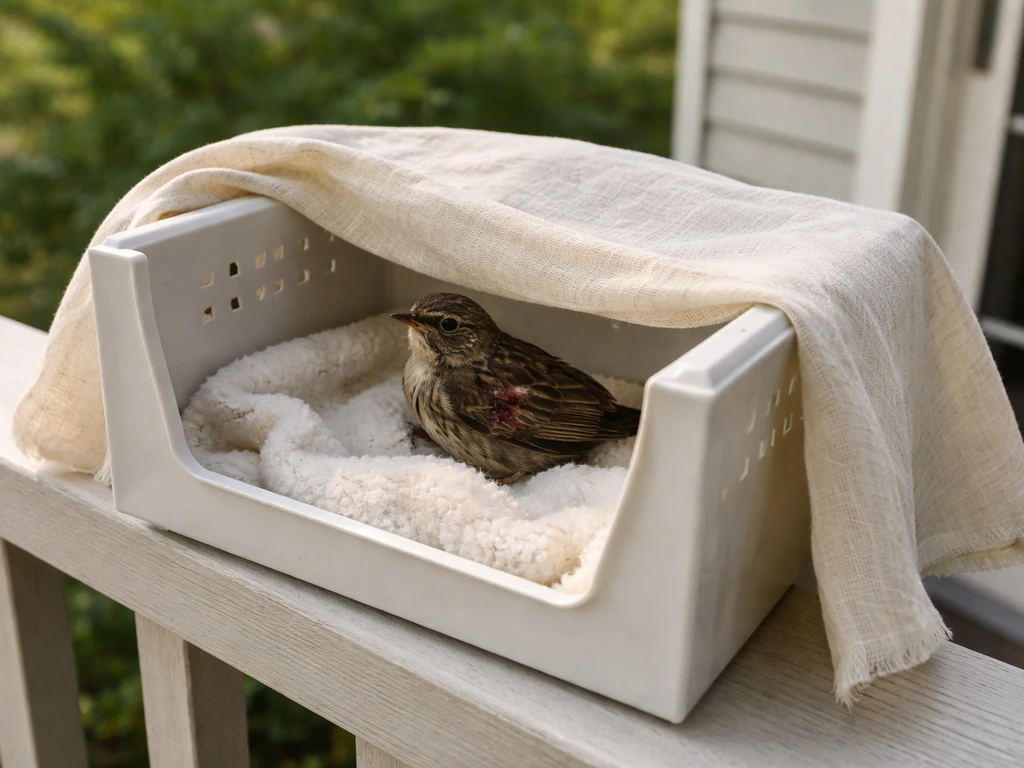 Injured wild bird safely contained in a quiet ventilated box on a porch while calling a rehabilitator