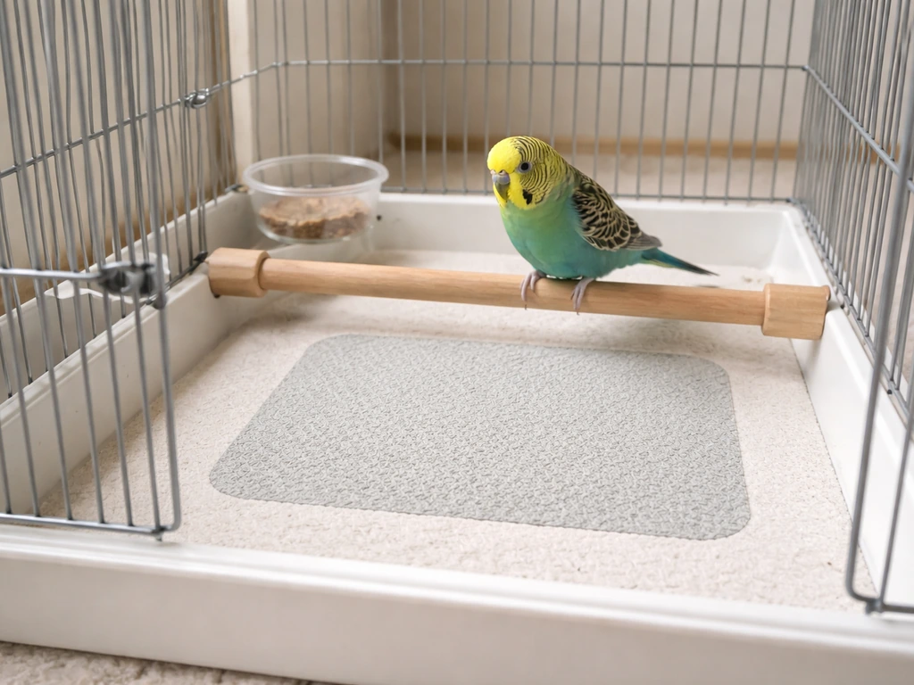 Bird in a clean cage with a defined lined floor target zone for training