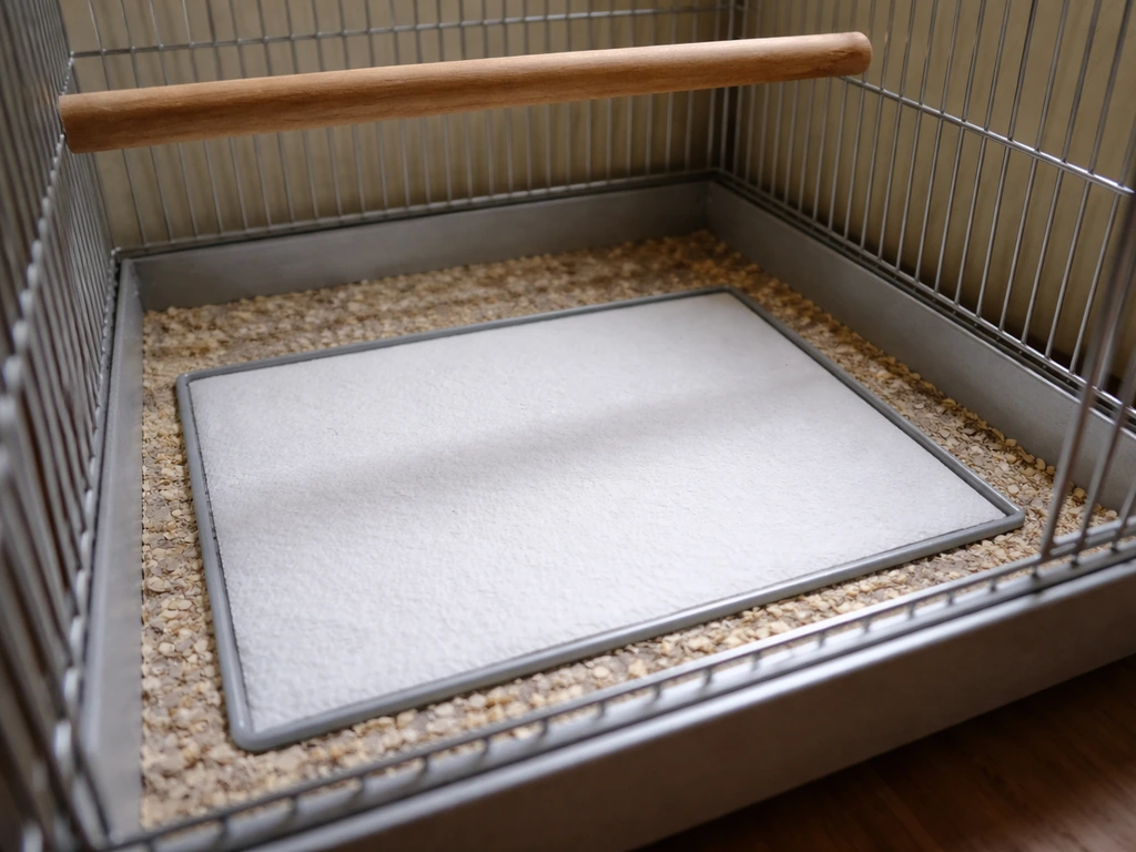 Close-up of a bird cage floor tray showing a defined poop target zone with clear boundaries.