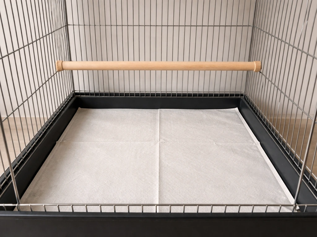 Bird cage bottom lined with plain paper towels and a perch positioned above the tray area.