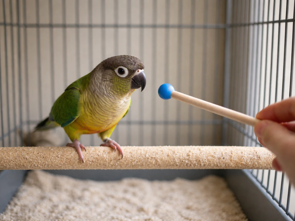 A parrot in its cage follows a target stick toward the poop-perch area.