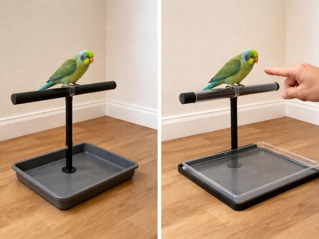 Pet bird on a wrong nearby bar versus guided back to the poop perch in a simple indoor training setup.