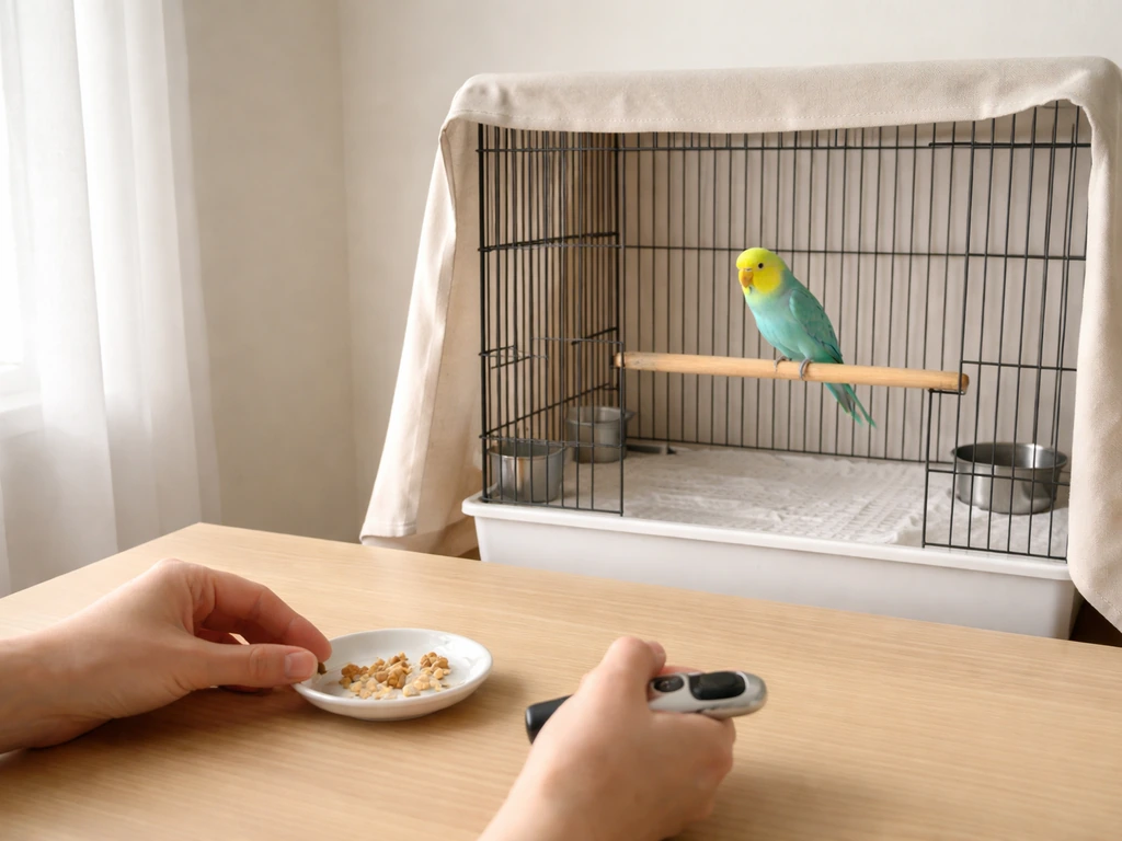 Calm bird training setup with a secure perch, treats, and a quiet, distraction-free space