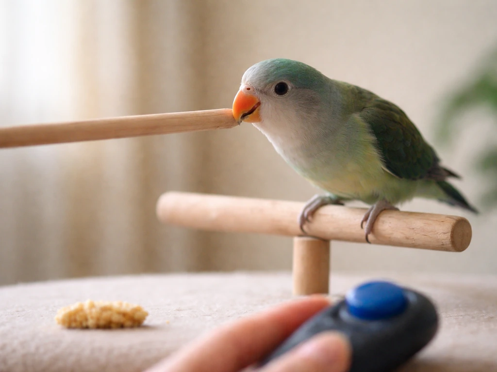 Pet bird gently touches a still target stick near its beak in a calm, treat-ready setup