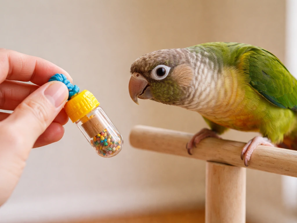 A parrot leans and steps toward a treat held a few centimeters farther away.