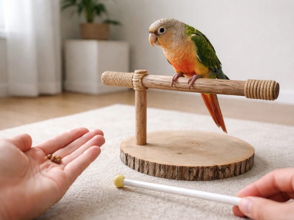 A small pet bird hesitates near a lowered training stick as treats are offered on the ground