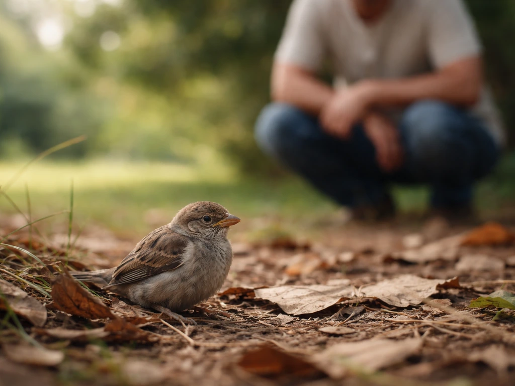 A small wild bird perched safely on a branch while a person watches from a distance outdoors.