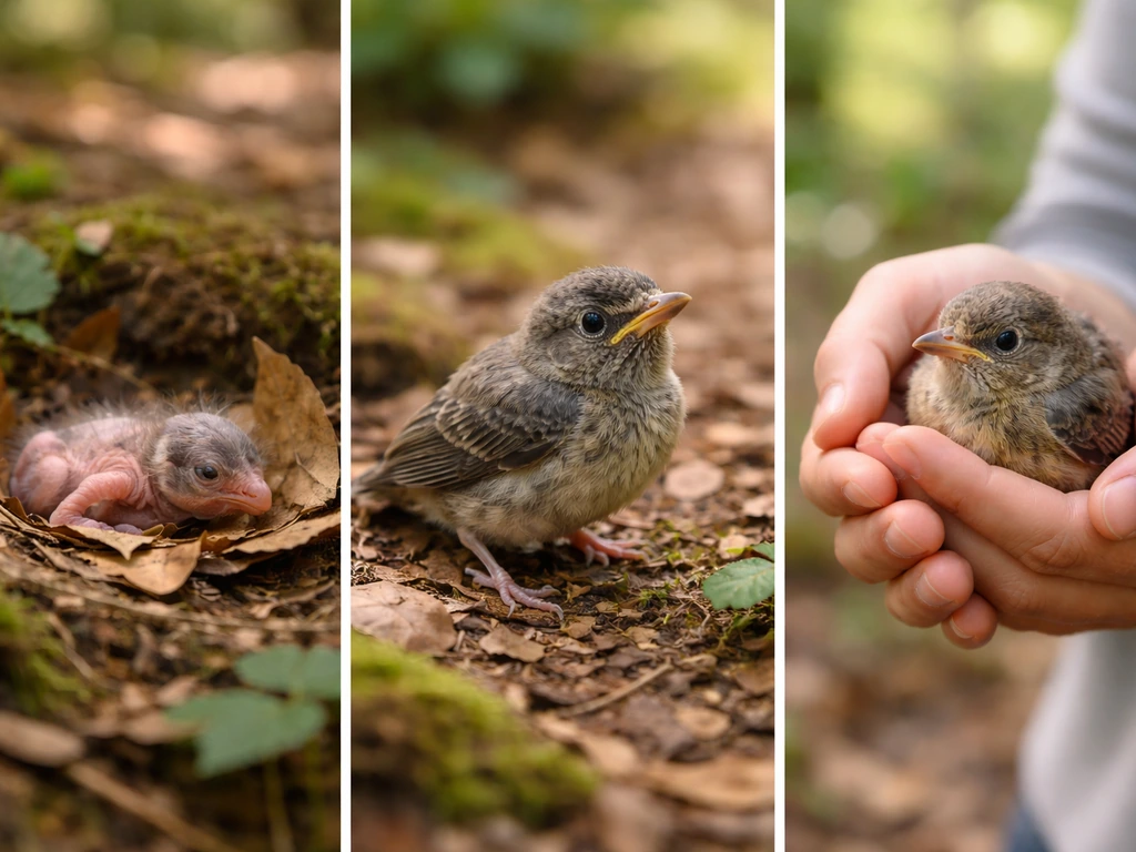 Three baby birds in one outdoor scene: nestling with eyes closed, fledgling alert, injured bird supported.