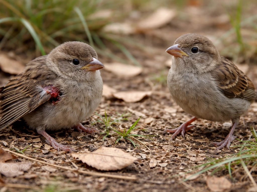 Close-up of two fledglings on leaf litter: one alert, one with a slight wound and drooping wing.