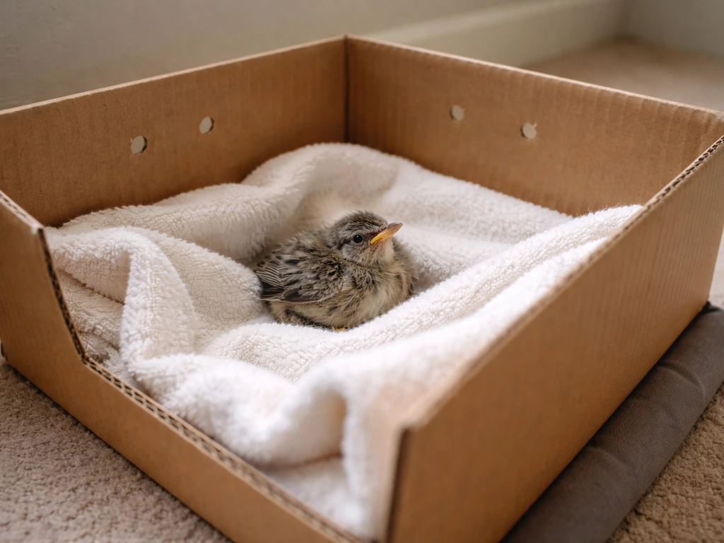 A small bird in a fleece-lined cardboard box with ventilation holes, minimal temporary holding setup.