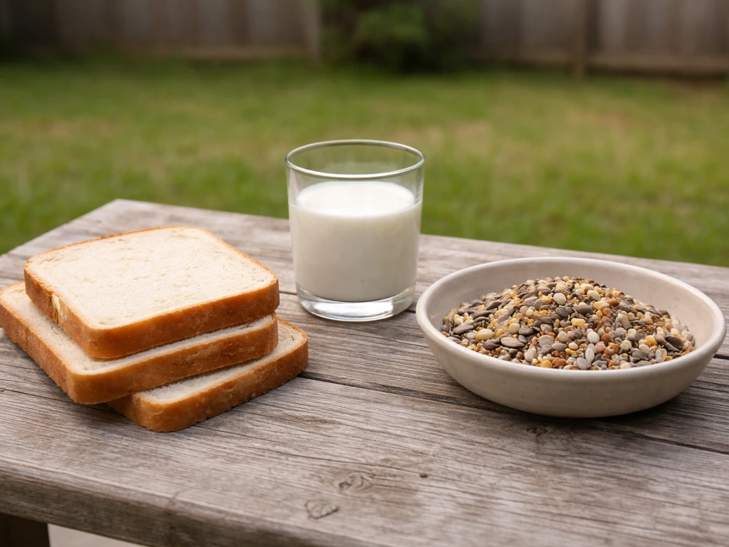 Still life of bread, a glass of milk, and mixed bird feed items on a porch table, cautionary look