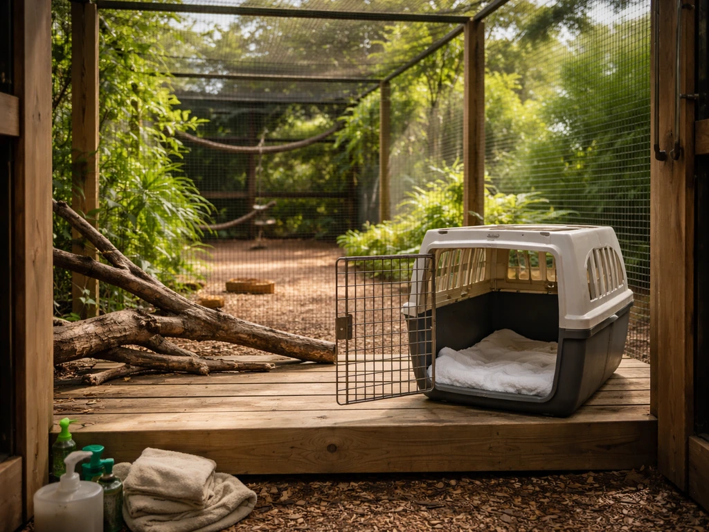 Quiet wildlife rehab release area with open carrier on a platform and leafy aviary enclosure beyond.